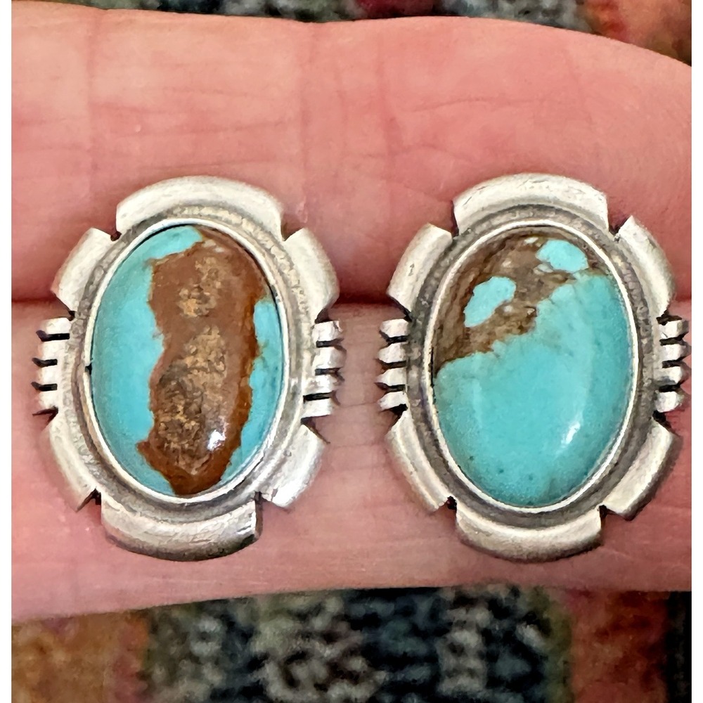 Turquoise Stud Earrings Navajo Native Sterling Silver 925 Signed 18mm by 22mm
